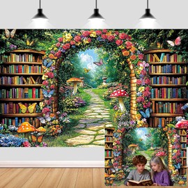 Fairy Library Backdrop,Magic Bookshelf Garden Reading Theme Party Banner,Enchanted Forest Fairytale Woodland Storybook Photography Background Photo Booth,7x5FT
