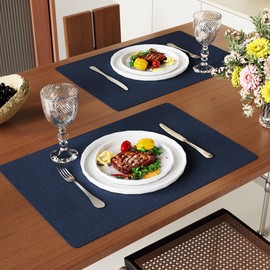 DOLOPL Placemats Set of 6, Navy Blue Faux Leather Heat Resistant Place Mats for Dining Table, Waterproof Oilproof Wipeable Washable Table Mats, Easy to Clean Anti-Slip Tablemats for Kitchen, Party