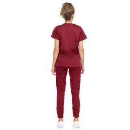 MediChic Scrub Sets for Women – 8-Pocket V-Neck Jogger Scrubs, Anti-Wrinkle, Stretch Medical Nursing Uniforms, Wine XX-Large