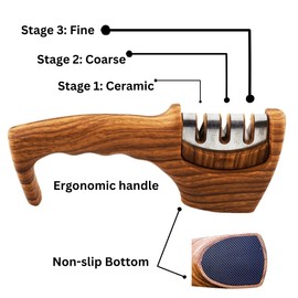 3 in 1 Kitchen Accesories: 3 Stage Knife Sharpener to Repair, Restore, Polish and Sharpen Blades and Knives in Elegant Wood Looking Material With Non-slip Bottom