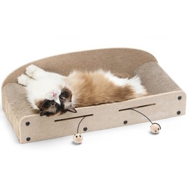FUKUMARU 26 Inch Cat Scratcher Cardboard Lounge Bed, 2 Reversible Cat Scratch Pads Refill for Indoor Cats, Durable Cats Scratching Boards Extra Large Lounger Bed Sofa Couch with Ball Toy, Beige