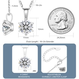 KRKCLIFE Moissanite Necklace, White Gold Necklace For Women, 0.5CT-4.0 CT Diamond Pendant, Round-Cut Lab Grown Diamond With Adjustable 18+2 Inches, S925 D Color VVS1, for Girls Wife