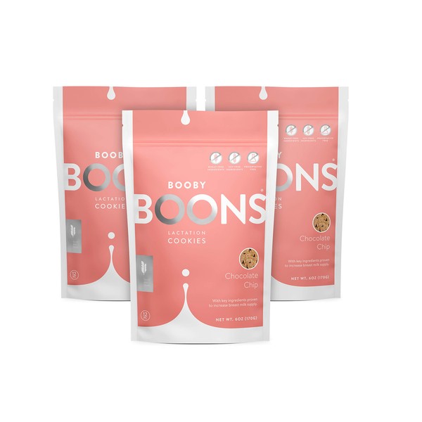 Booby Boons Lactation Cookies, Chocolate Chip, Pack of 3 Bags - 12 Cookies per 6oz Bag - Made with Gluten Free, Soy Free, Fenugreek-free ingredients to support and enhance breastfeeding.