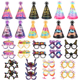 HOWAF New Years Eve Party Supplies-30pcs colorful Happy New Year Cone Hats and Eyeglasses for 2025 Happy New Year Party Decoration Favors, 2025 NYE Decorations Kit for Kids Adults Photo Props