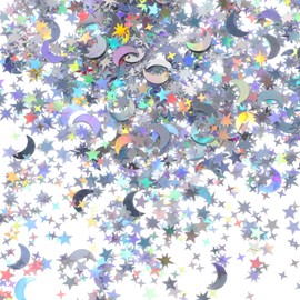 Glitter Confetti Sequins Birthday Stars Moon Confettis Pack of 2000 Foil Confetti Silver Wedding Decoration Bachelorette Party Decorations Groovy Engagement Decor Bridal Shower Supplies