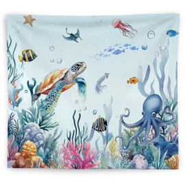 WNAGT Coastal Beach Tapestry Wall Hanging, Under the Sea Decor, Ocean Turtle Octopus Marine Life Nautical Wall Blanket Decor for Beach Cabin House Home Bedroom Living Room, 50x60 Inch