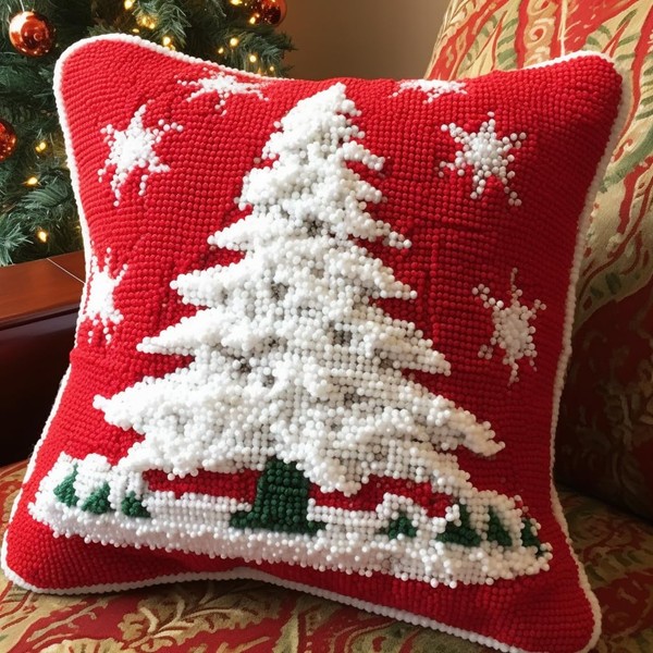Merry Christmas White Snow Tree Latch Hook Kits Red Pillow Crochet Yarn Rug Pre-Printed Cushion Needlework Pillowcase Hook and Latch Kit Christmas Home Sofa Decoration 43x43cm(4)