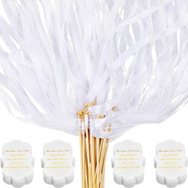 100 Pcs Wedding Ribbon Stick Wands with Lace Bells and 100 Pcs Wedding Send off Tags Wedding Gold Fairy Wand Streamer for Wedding Valentines Baby Shower Party Holiday Celebration (White)