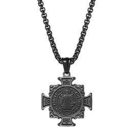 OIDEA Men's Benedict Cross Necklace: Vintage Saint Cross Christian Catholic Religious Pendant with Wheat Chain Made of Stainless Steel Silver Black Gold Jewellery Gift for Men, Stainless Steel
