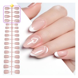 Gelike ec Soft Gel Press On Nails: Short Almond X-French Nails Tips, Short Full Cover Nails for Sticking on for Salon Quality, Comfortable to Wear, 160 Pieces, 12 Sizes (French with Design)-0011