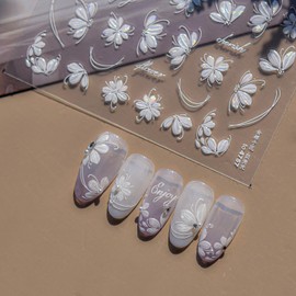 LIFOOST 5D Embossed Flower Nail Stickers for Nail Art White Floral Shell Light Sakura Self-Adhesive Nail Art Decals for Women Girls DIY Manicure Decorations