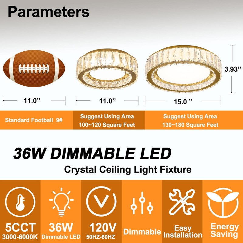 Suenigle Modern K9 Crystal Dimmable LED Flush Mount Ceiling Light,15