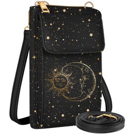 Miss Adola Cute Crossbody Purse Cell Phone Bags - Leather Cellphone Wallet Purse with Adjustable Shoulder Strap and Handle Strap Women Fashion Black Sun Moon