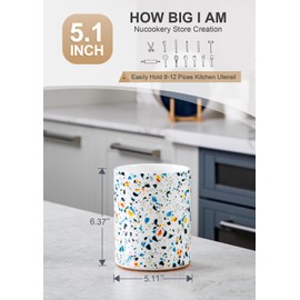 Nucookery Utensil Holder, 6.4" Ceramic Kitchen Utensil Holder for Countertop with Protection Cork Bottom, Vintage Farmhouse Kitchen Decor for Counter (Marble Pattern)