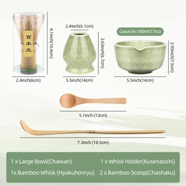 Matcha Whisk Set, Japanese Tea Set Includes Matcha Bowl with Spout, Matcha Whisk Holder, Bamboo Matcha Whisk and Bamboo Scoop, 17 oz Mottled Tea Green Glaze Ceramic Matcha Kit for Tea Lovers (Green)