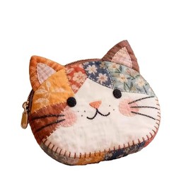 Monedero de gato hecho a mano, bolsa acolchada de tela floral con cremallera, pequeña bolsa de almacenamiento para auriculares y accesorios