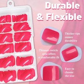 AddFavor Press on Nails Short Square - 240pcs Hot Pink Fake Nails with Nail Glue & Adhesive Tabs, 10 Sizes Glue on Nails for Women & Girls Fingernails Manicure