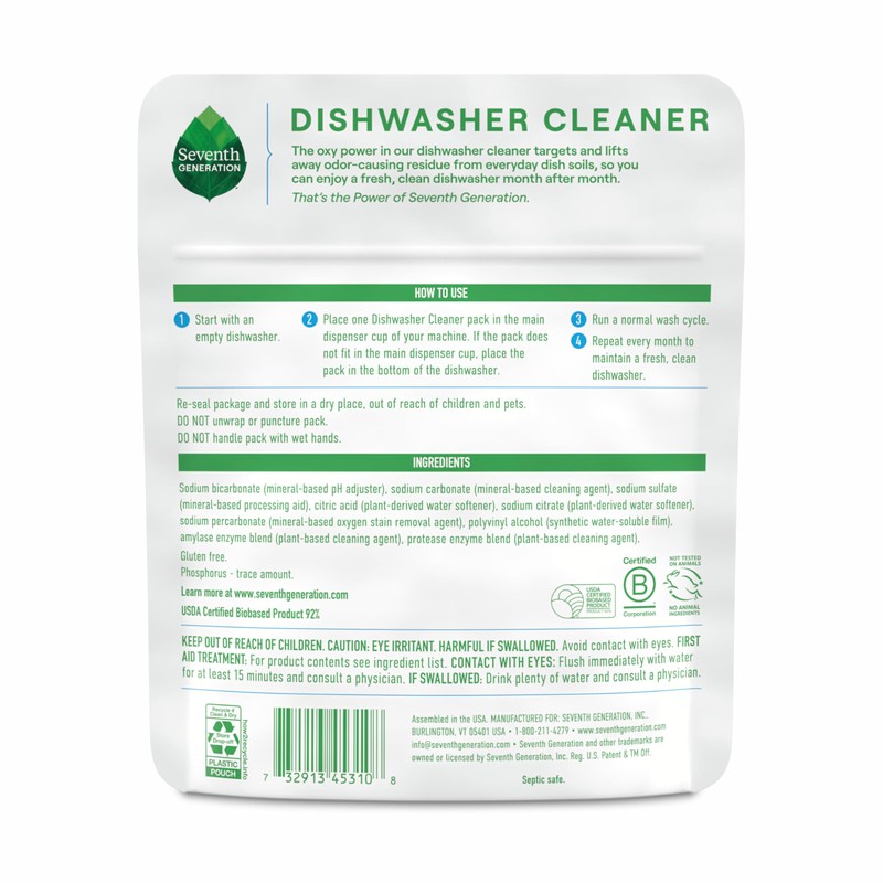 Seventh Generation Dishwasher Cleaning Packs 6 Count Free & Clear