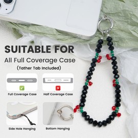 KARENSKEYS Cherry Keychain Wristlet, Cute Glass Phone Charm with Tether Tab & for Car Keys & Cellphone (Black)