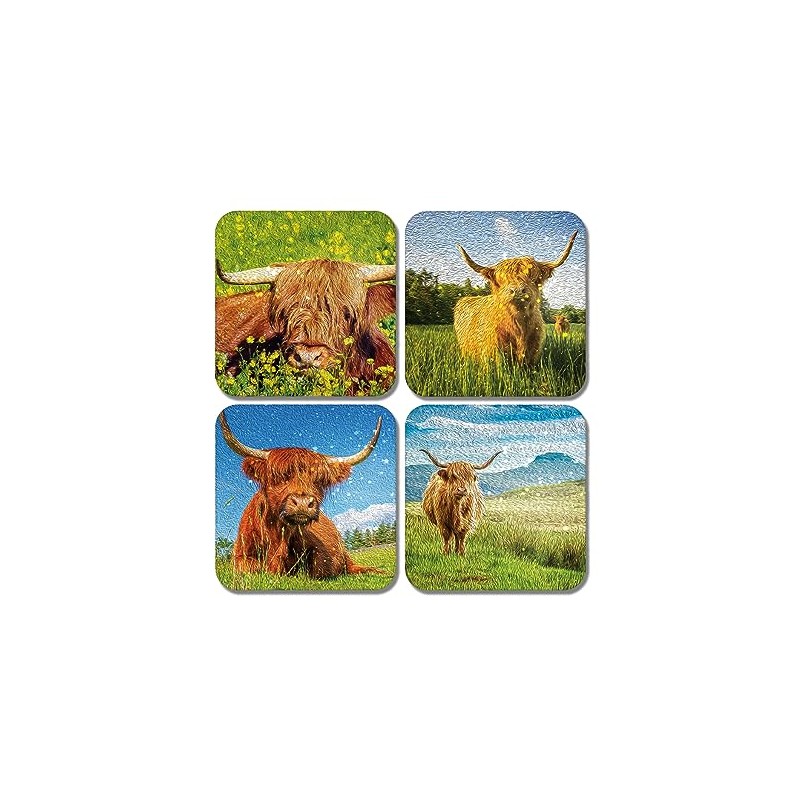 4 x Square Highland Cow Coasters - Animals Paint Effect