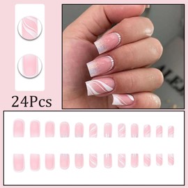 Generic 24Pcs White Press on Nails Medium Square French Tip Fake Nails Striped Glitter Design False Nails Swirls Silver Glitter Acrylic Full Cover Glue on Nails Cute Artificial Nails for Women Girls