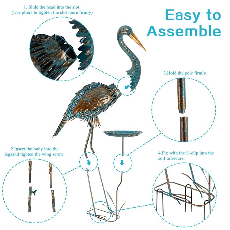 giole Metal Crane Garden Statue for Outside with Leaf Tray