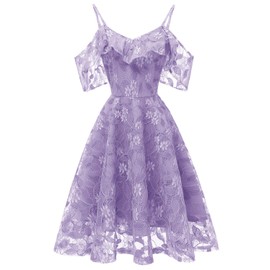 Womens Vintage Lace Floral Wedding Party Dress Short Aline Cocktail Swing Dress (Large, Lavender)