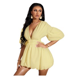 WDIRARA Women's Deep V Neck Puff Sleeve High Rise Flare Dress Elastic Waist Dress Light Yellow Small