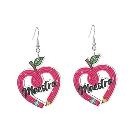 Teacher Earrings for Women Funny Wooden Cute Book Pencil Backpack Apple Love Heart Maestra Appreciation Dangle Earrings Students Back to School Teacher's Day Gift (Maestra Heart)