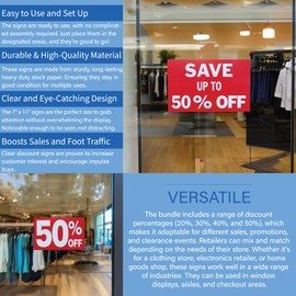 50% Percent Off Signs, 7" x 11" with Eye Catching White Text on Red Background, Printed on Durable Card Stock, 5 Pack