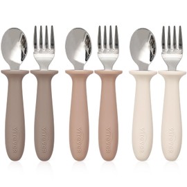 6 Pieces Toddler Utensils, Children Silverware Set with Silicone Handle, Kids Safe Spoons and Forks, Dishwasher Safe, 18/8 Stainless Steel, Food-grade Silicone，BPA Free - Tan