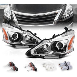 AmeriLite for 2013-2015 Altima 4Dr Sedan Projector Chrome Housing Halogen Replacement Headlights Assembly Pair - Driver and Passenger Side