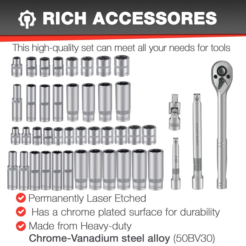 EACELIY 44pcs 3/8" Drive Impact Socket Set,Drive Master Socket Set,SAE/Metric,