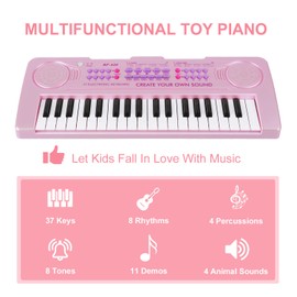 M SANMERSEN Kids Music Piano Keyboard 37 Keys Keyboard Piano Toys with 8 Rhythms/6 Demos Portable Mono Electronic Piano Keyboard Toy Gift for Beginners Girls Ages 3-8, Pink