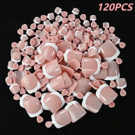 120 Pcs White Edge Pink Fals Toenails - Pink Full Cover False Nails Short Square Shape, Odourless Gel Toe Nail Covers for Women (Natural Look Pedicure Essentials)