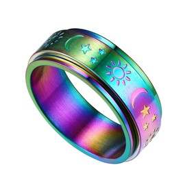 Bestyle Stainless Steel Laser Gradient Band Rings for Men Women Cool Steel Rings Rainbow Colour Rings with Moon Sun Star Size 10