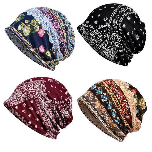 Chemo Caps for Women, Cotton Chemo Headwear Cute Beanie Hats for Cancer Patient Thin Beanies Slouchy Retro Tribal Printed Hair Covering Head Scarf Dual Use Boho Hats