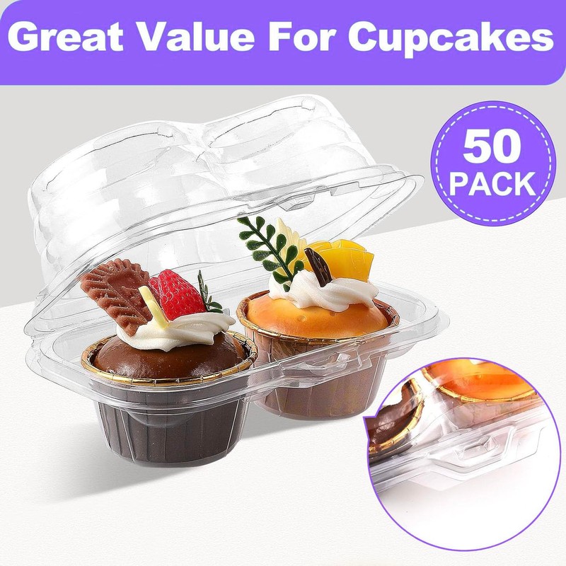 PLMMOUT 50Pack 2 Compartment Cupcake Containers,Stackable Cupcake Boxes,2 Cavity Clear