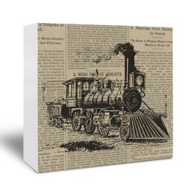 Kneaotoaji Vintage Train Wooden Box Sign - Train Decor, Train Collector Gifts, Train Gifts for Men Boys, Gifts for Train Lovers, Retro Locomotive Desk Sign for Shelf Desk Table 5x5