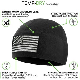 Temple Tape Tactical Beanie Hat - American Flag Fleece Winter Watch Cap - Military Hats for Men - Mens Army Beanies - Black - One Size