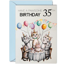 35th Birthday Card for Women Men - Pawsome Party Cats Balloons - Happy Birthday Cards for 35 Year Old Woman Man, A5 Cat Bday Greeting Cards