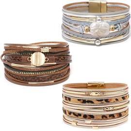 Wovanoo Leather Wrap Bracelet Set 3 Pieces Multilayer Cuff Bracelet Crystal Beads Magnetic Clasp Bracelet for Women Pearl Leopard