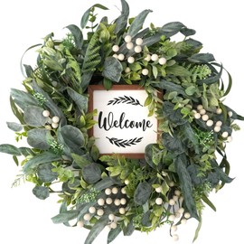 CIR OASES CIR OASES Green Eucalyptus Wreath for Front Door, 20 inch Eucalyptus Leaves and White Berries Wreath with Welcome Sign, Spring/Summer Wreaths for Indoor/Outdoor Farmhouse Home Wall Window Decor