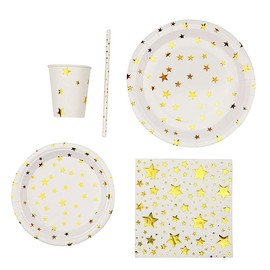 Balsa Circle 120 White Gold Stars Disposable Paper Tableware Set Wedding Party Events Reception Catering Home Decorations Supplies