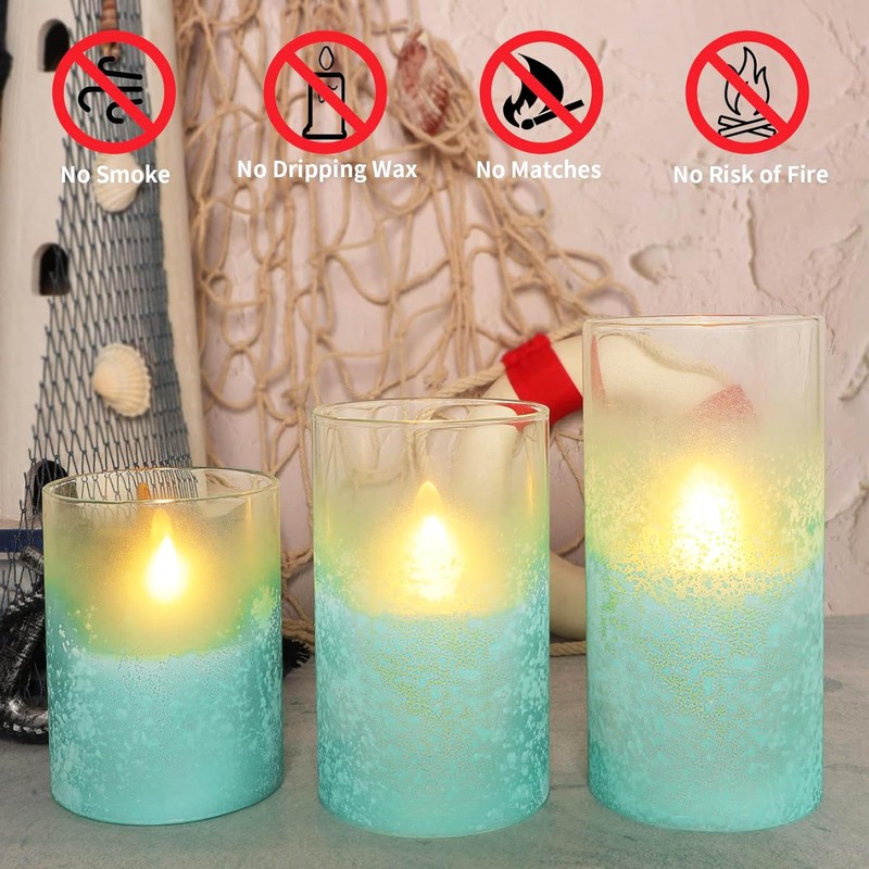 FLAVCHARM Blue Flameless Candles with Remote Aqua Glass Handmade Sandblast