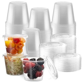 Epecnic 200 Set 5.5 oz Jello Shot Cups with Lids, Clear & Food Safe Disposable Plastic Portion Cups with Lids, Condiment Cups, Plastic Dipping Sauce Cups, Small Containers for Salad Dressing