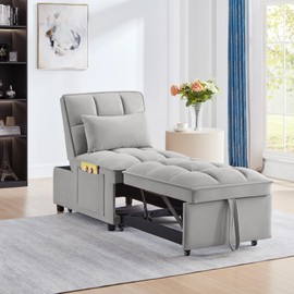 Sofa Bed Modern Linen Folding Pull Out Couch Convertible Recliner Lounge for Living Room, Sleeper Sofa with Storage Pocket & Adjustable Backrest & Pillow,Gray