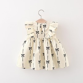 Baby Girl Summer New Dress Black Bow Print Fly Sleeve Round Neck Girl Princess Dress Queue Dress (Beige,12 Months)