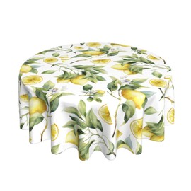 Sweetshow Lemon Tablecloth Round 60 inch Spring Summer Retro Watercolor Lemon Yellow White Floral Print Decorative Table Cloth Decor for Home Kitchen Dining Room