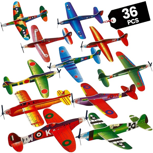 Glider Planes Bulk - Pack of 36-8 Inch Bomber Airplane Gliders for kids, Foam Birthday Party Favor Plane Toy Kits and Prize Reward Toys